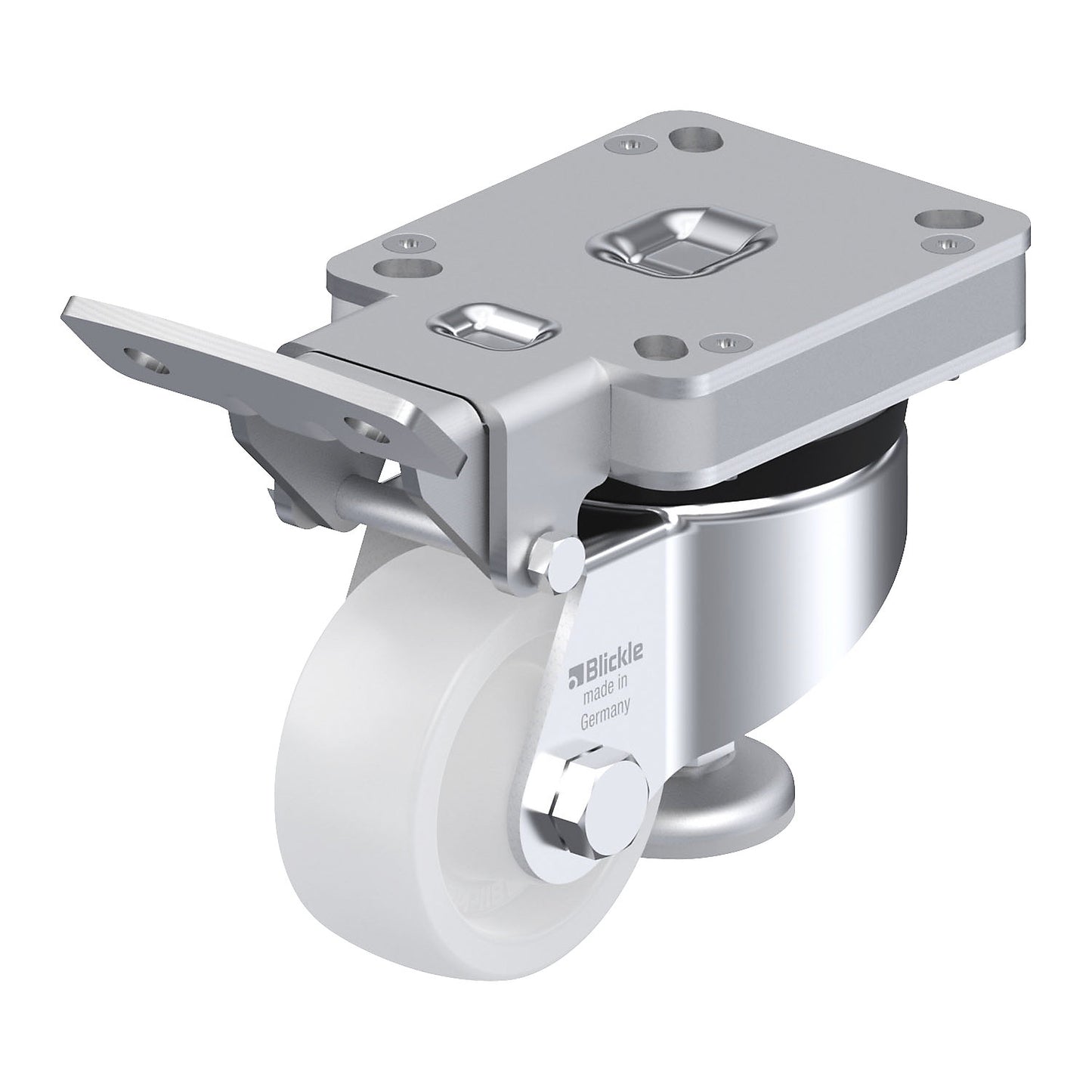 HRLK-SPO levelling castor, plate dimensions 100 x 85 mm, wheel Ø 75 mm, max. load 300 kg.