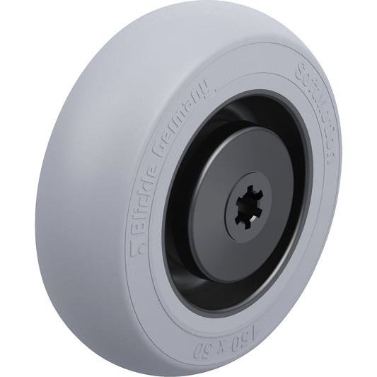 Wheel with soft rubber tyres, ball bearings, wheel Ø x width 150 x 50 mm, max. load 280 kg.