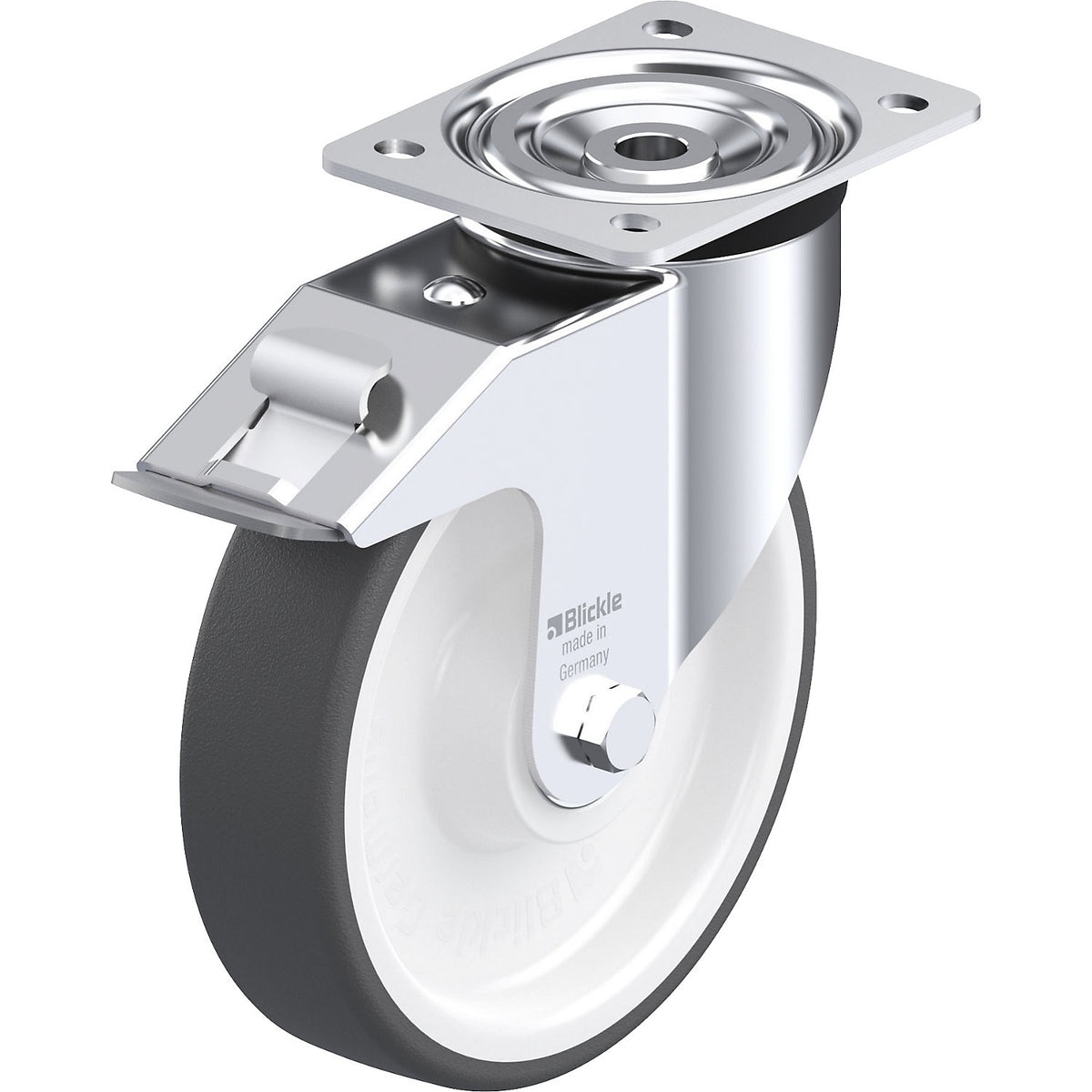 L-POTH sheet steel swivel castor, wheel Ø 200 mm, max. load 400 kg, swivel castor with wheel stop.