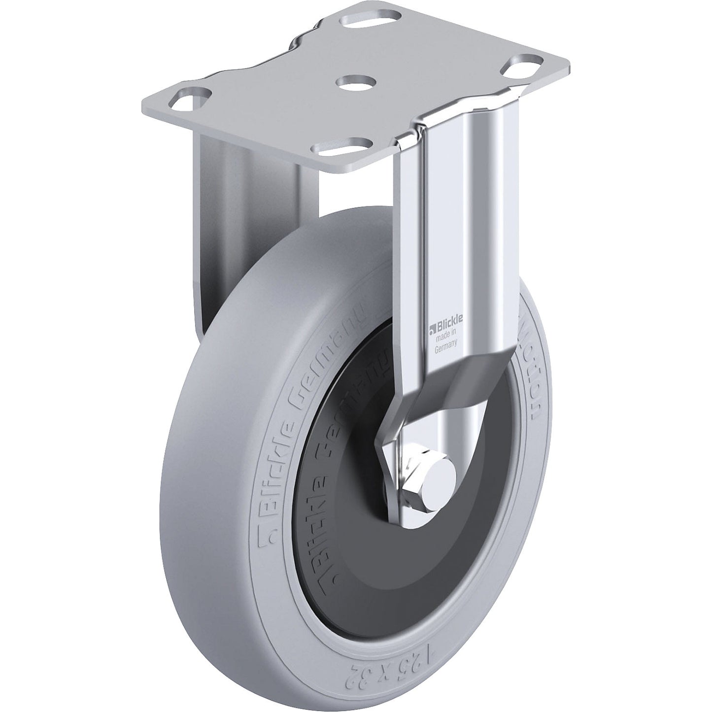 BKPA-POES-SG light duty fixed castor, plate dimensions 90 x 66 mm, wheel Ø 125 mm, max. load 120 kg.