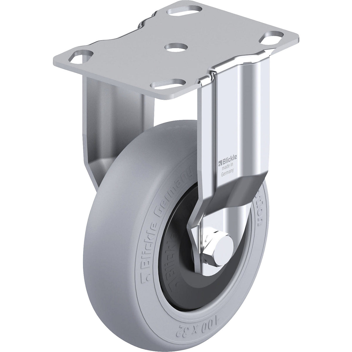 BKPA-POES-SG light duty fixed castor, plate dimensions 90 x 66 mm, wheel Ø 100 mm, max. load 120 kg.
