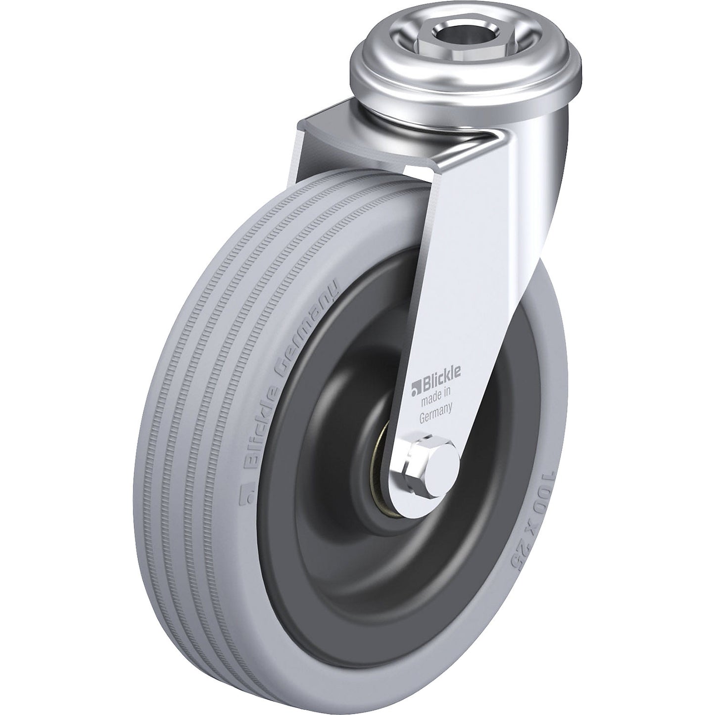 LRA-VPA light duty swivel castor, plate dimensions 43 mm, wheel Ø 100 mm, max. load 70 kg.