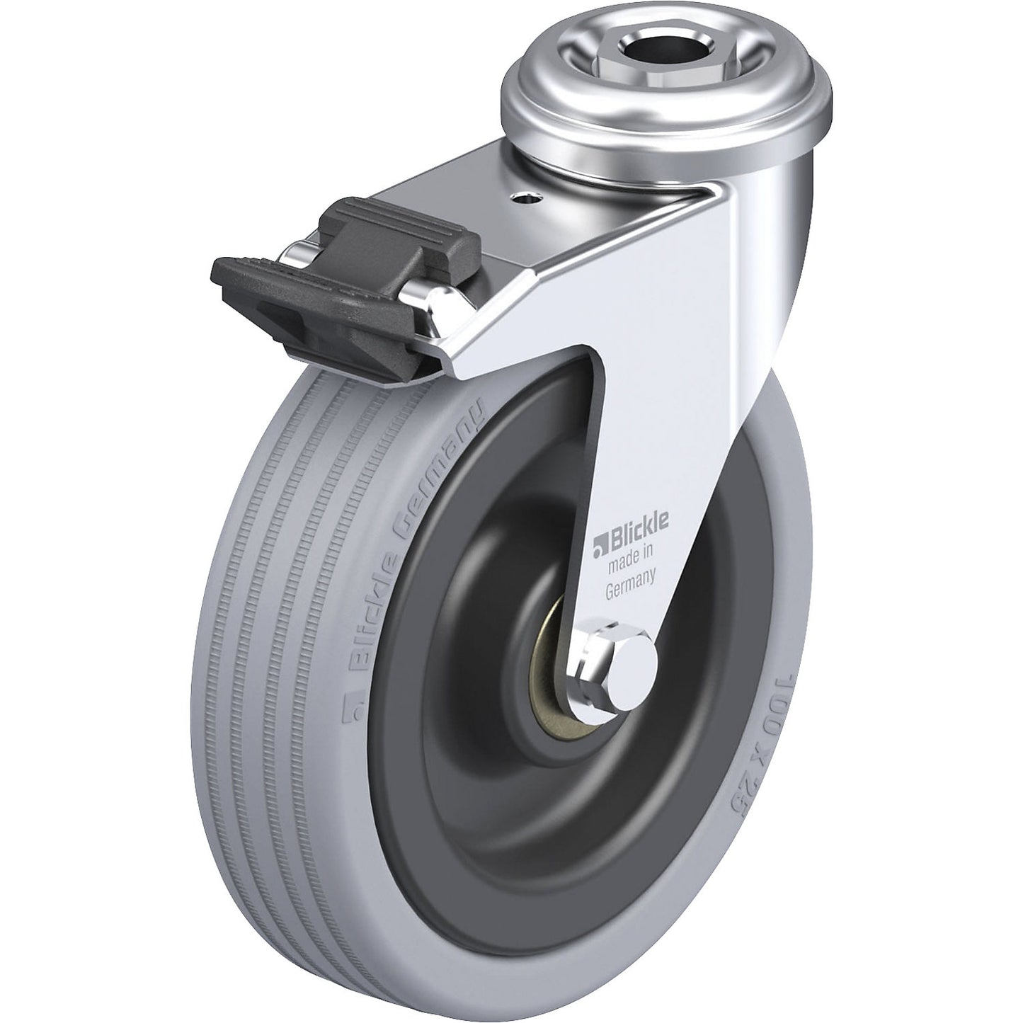 LRA-VPA light duty swivel castor, plate dimensions 43 mm, with stop, wheel Ø 100 mm, max. load 70 kg.