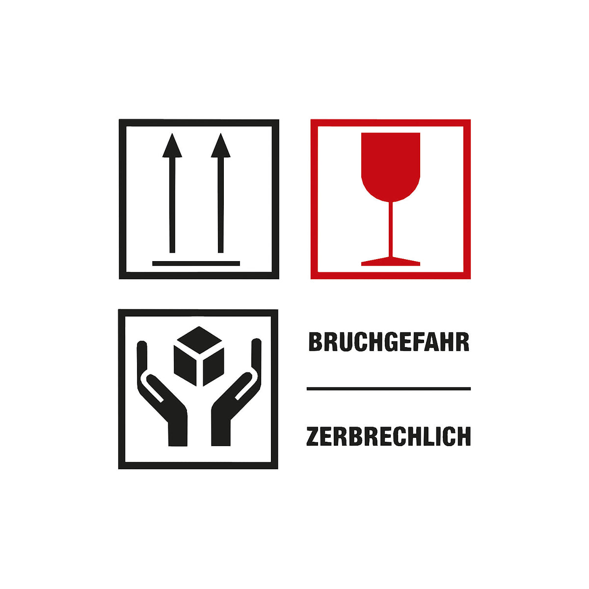 Warning labels, Bruchgefahr/Zerbrechlich imprint, pack of 1000, LxW 100 x 100 mm.