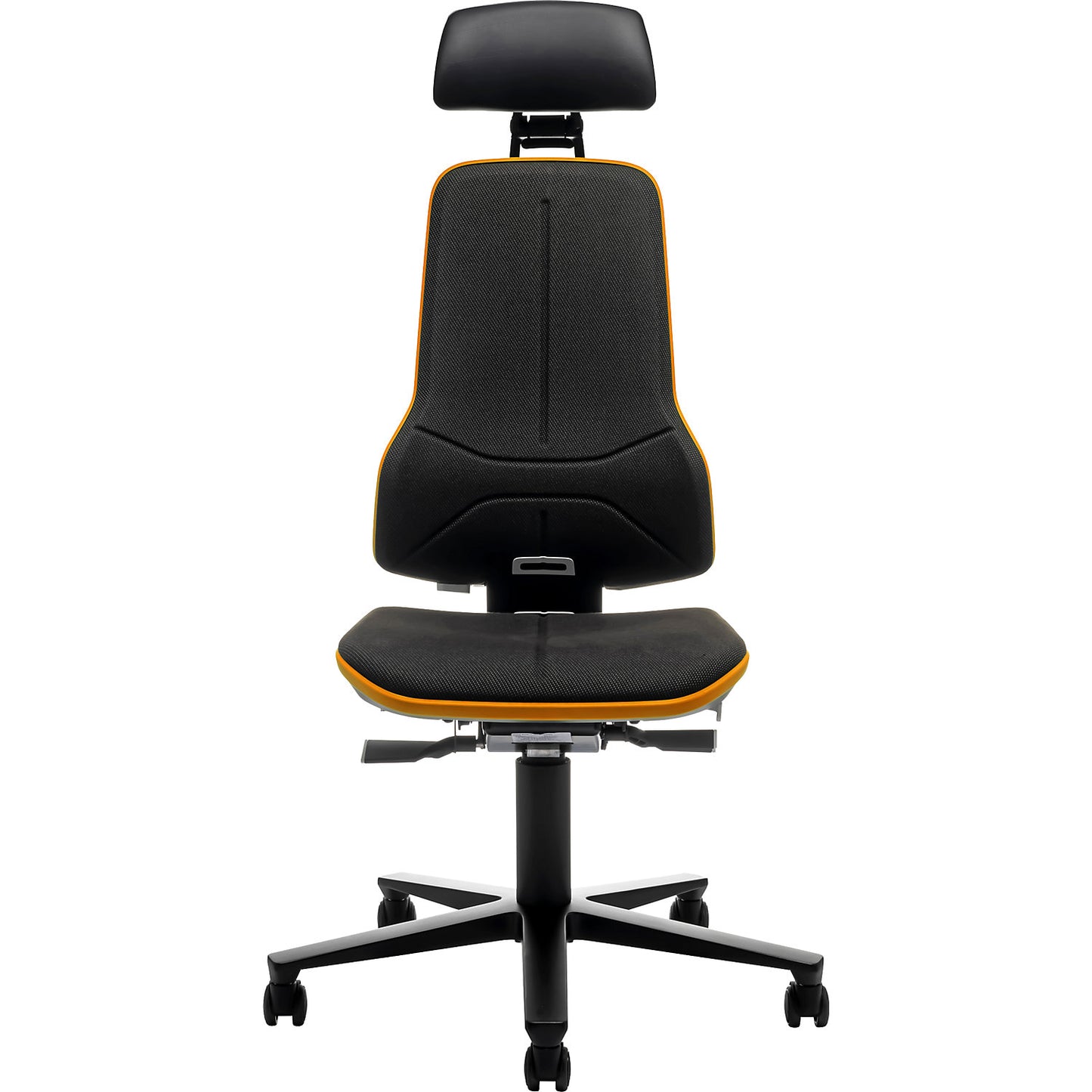 NEON industrial swivel chair, castors, headrest, synchronous mechanism, fabric, orange bumper.