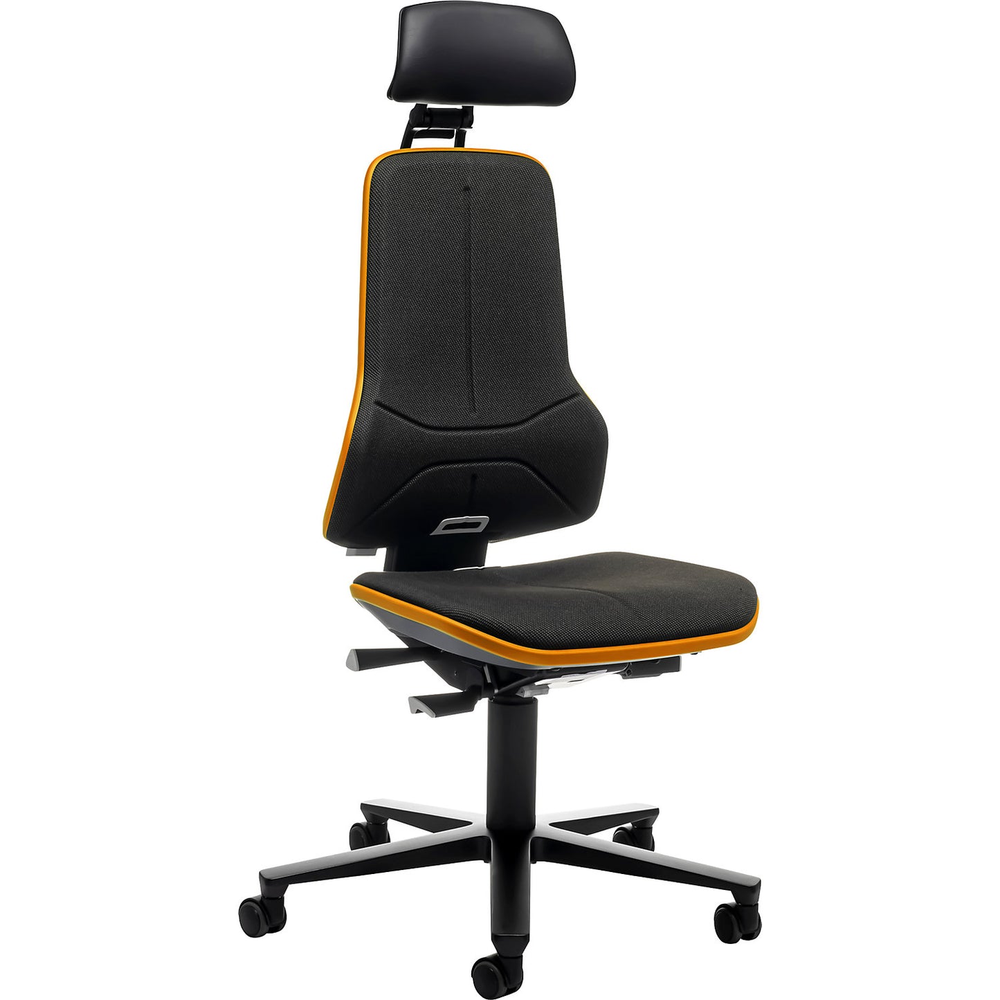 NEON industrial swivel chair, castors, headrest, synchronous mechanism, fabric, orange bumper.