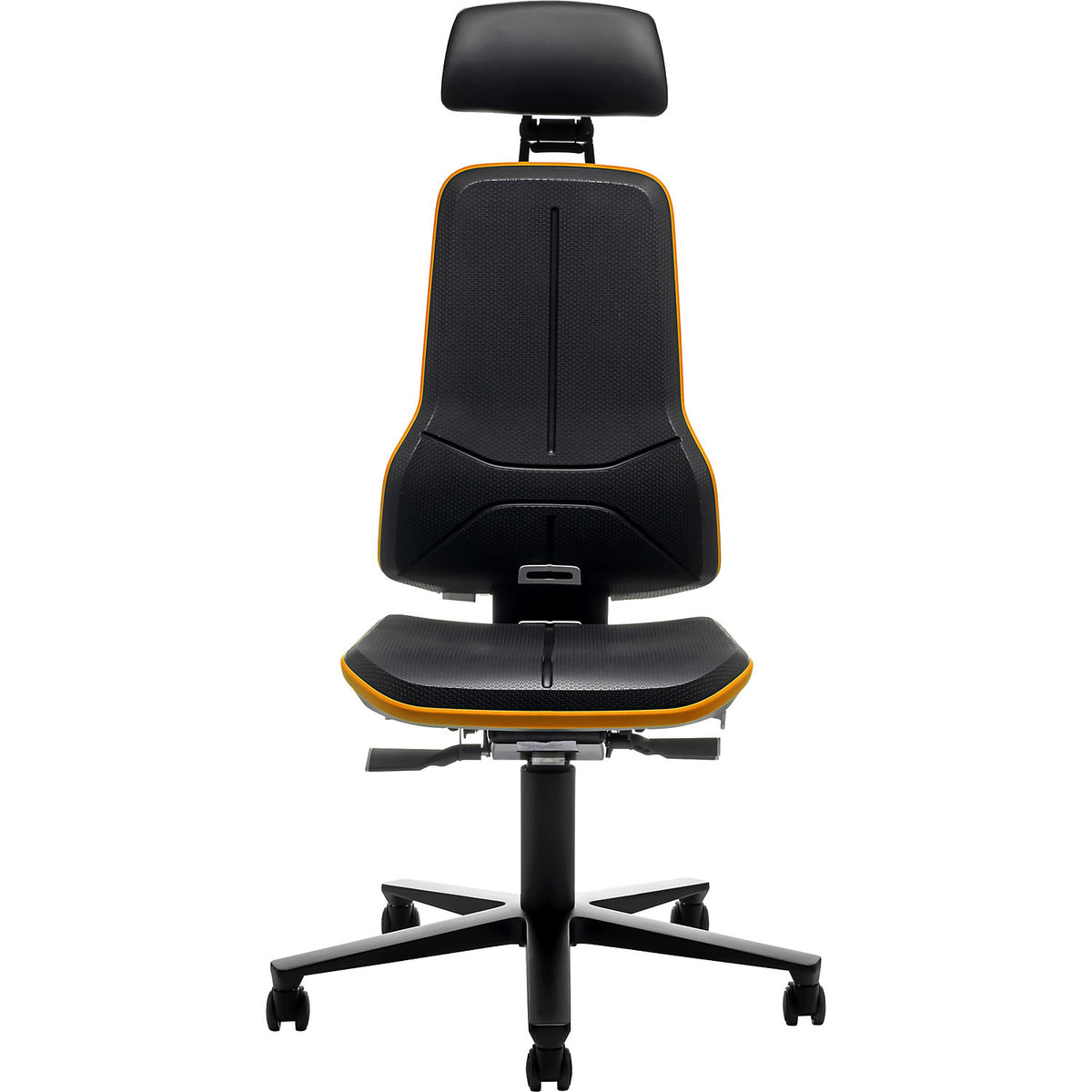 NEON industrial swivel chair, castors, headrest, synchronous mechanism, skintec, flex band orange.
