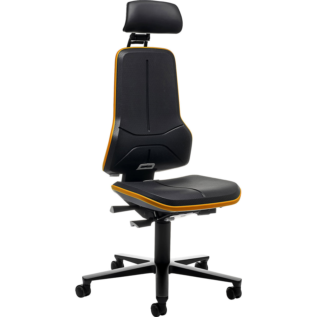 NEON industrial swivel chair, castors, headrest, synchronous mechanism, skintec, flex band orange.