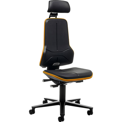 NEON industrial swivel chair, castors, headrest, synchronous mechanism, skintec, flex band orange.