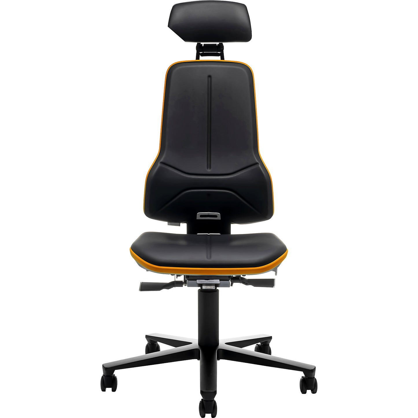 NEON industrial swivel chair, castors, headrest, synchronous mechanism, vinyl, orange bumper.