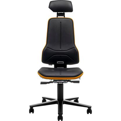NEON industrial swivel chair, castors, headrest, synchronous mechanism, vinyl, orange bumper.