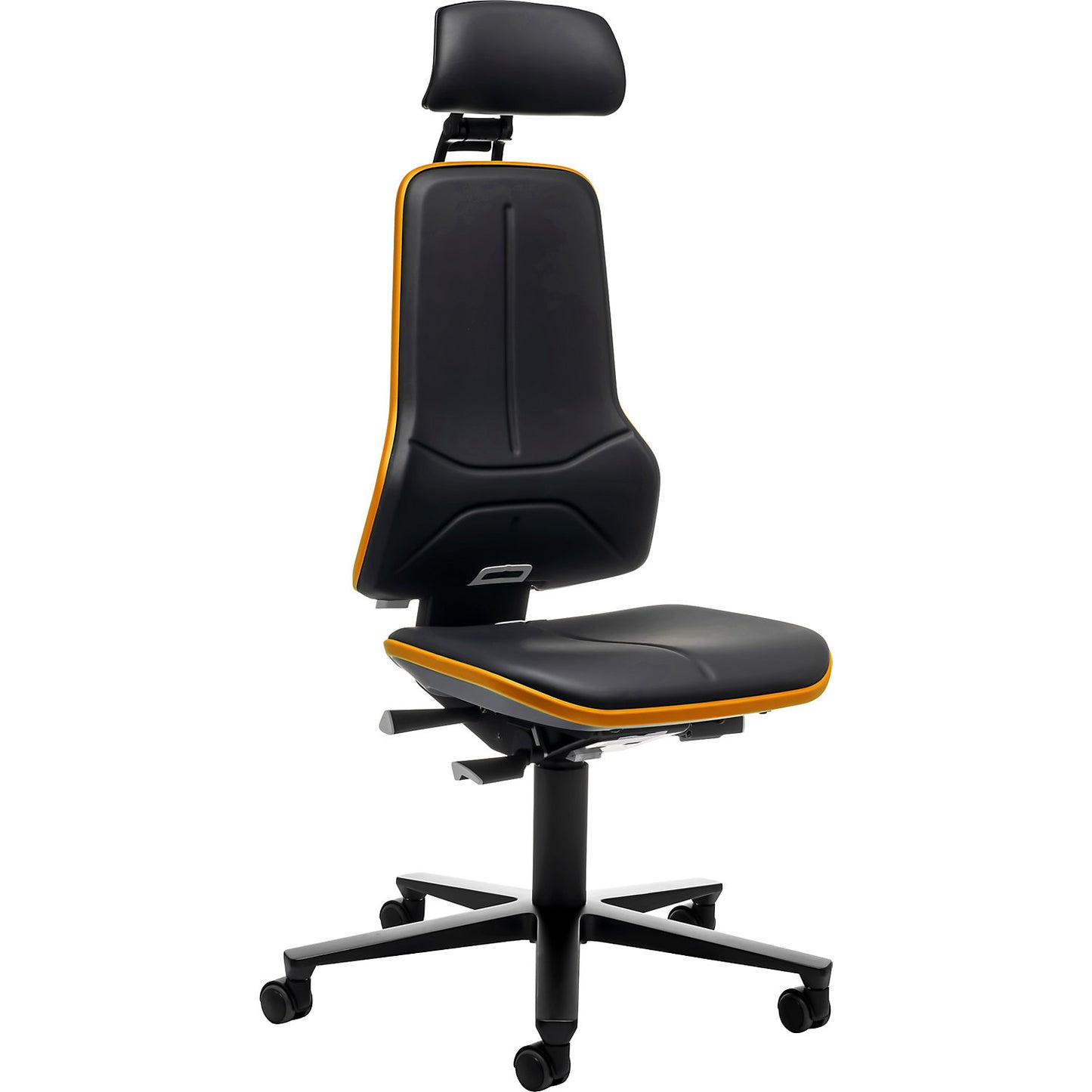 NEON industrial swivel chair, castors, headrest, synchronous mechanism, vinyl, orange bumper.