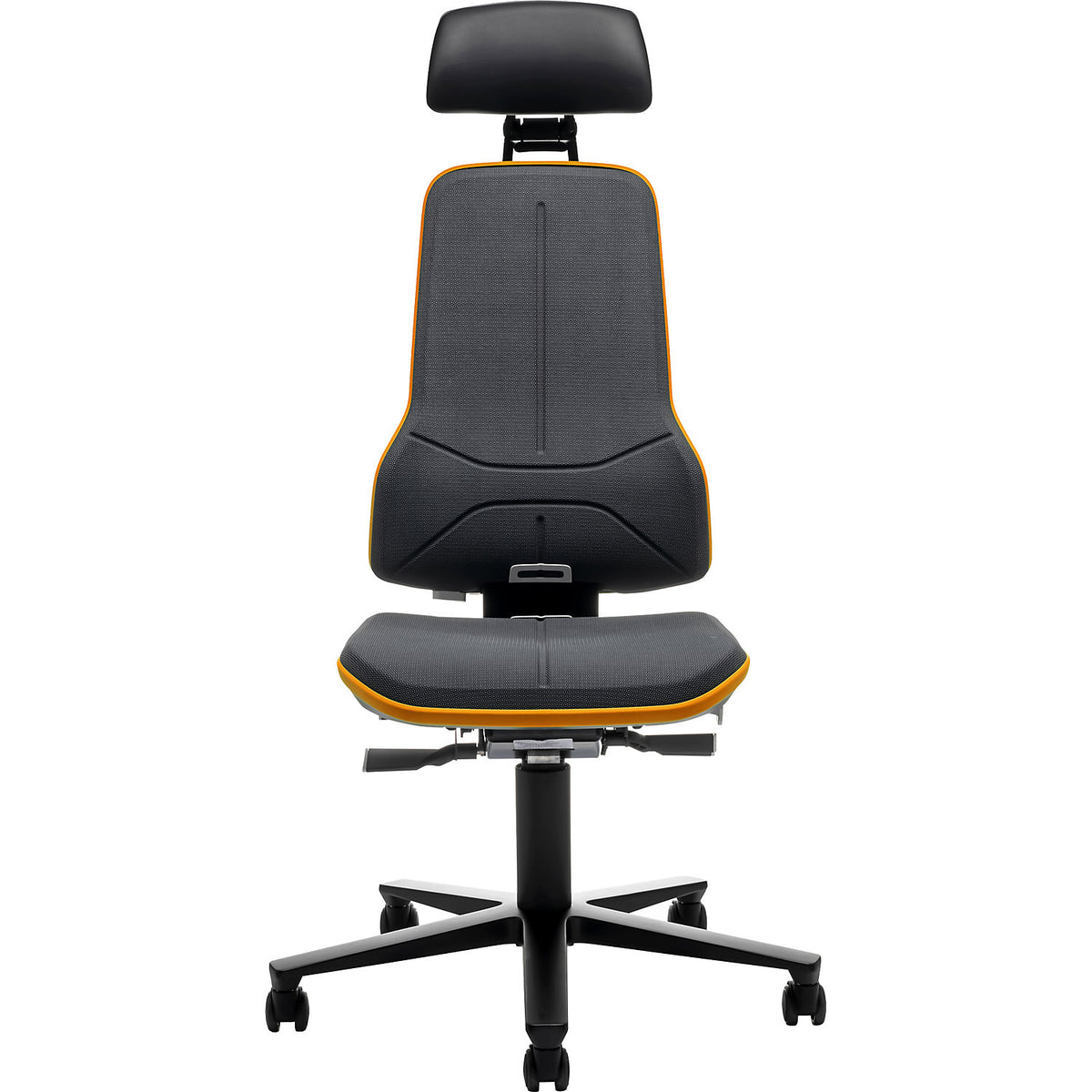 NEON industrial swivel chair, castors, headrest, synchronous mechanism, Supertec®, orange bumper.
