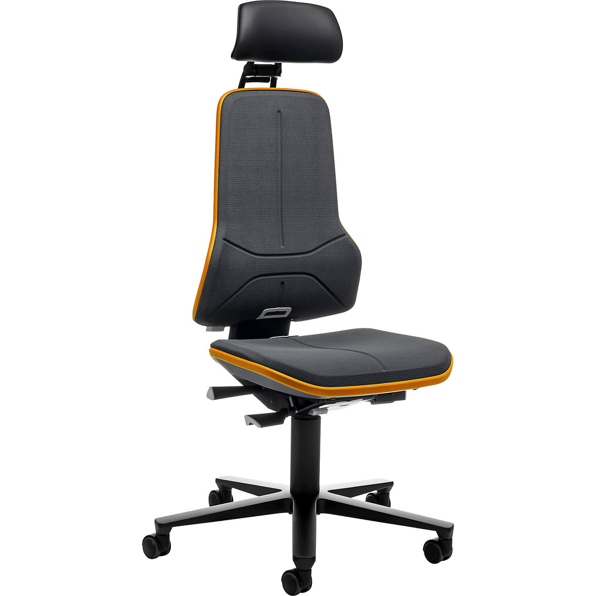 NEON industrial swivel chair, castors, headrest, synchronous mechanism, Supertec®, orange bumper.