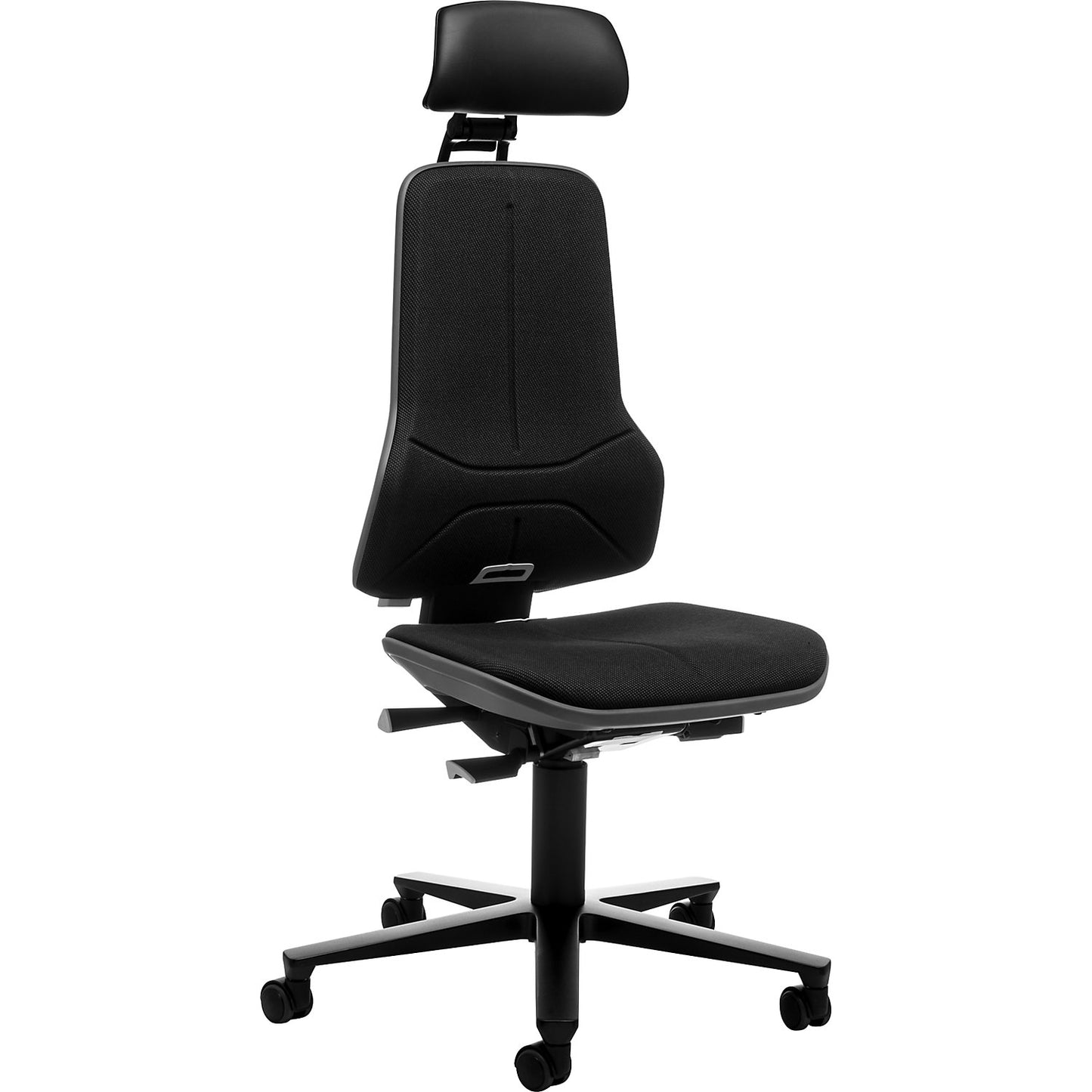 NEON industrial swivel chair, castors, headrest, synchronous mechanism, fabric, grey bumper.