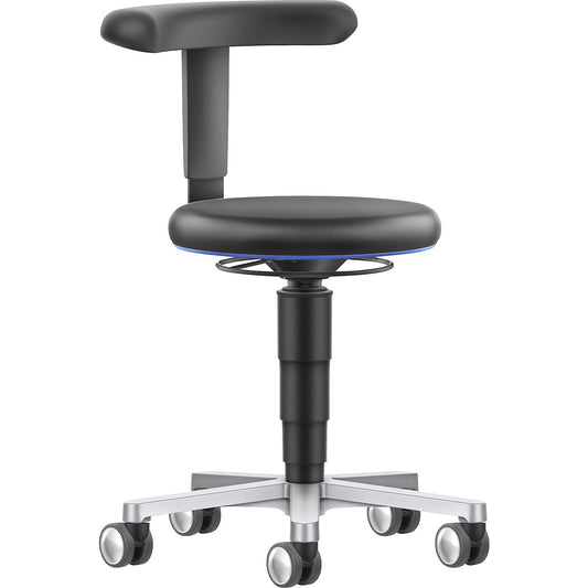 Dynamic laboratory chair with flex support, with castors, height adjustable, colour ring in blue.