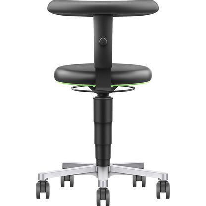 Dynamic laboratory chair with flex support, with castors, height adjustable, colour ring in green.