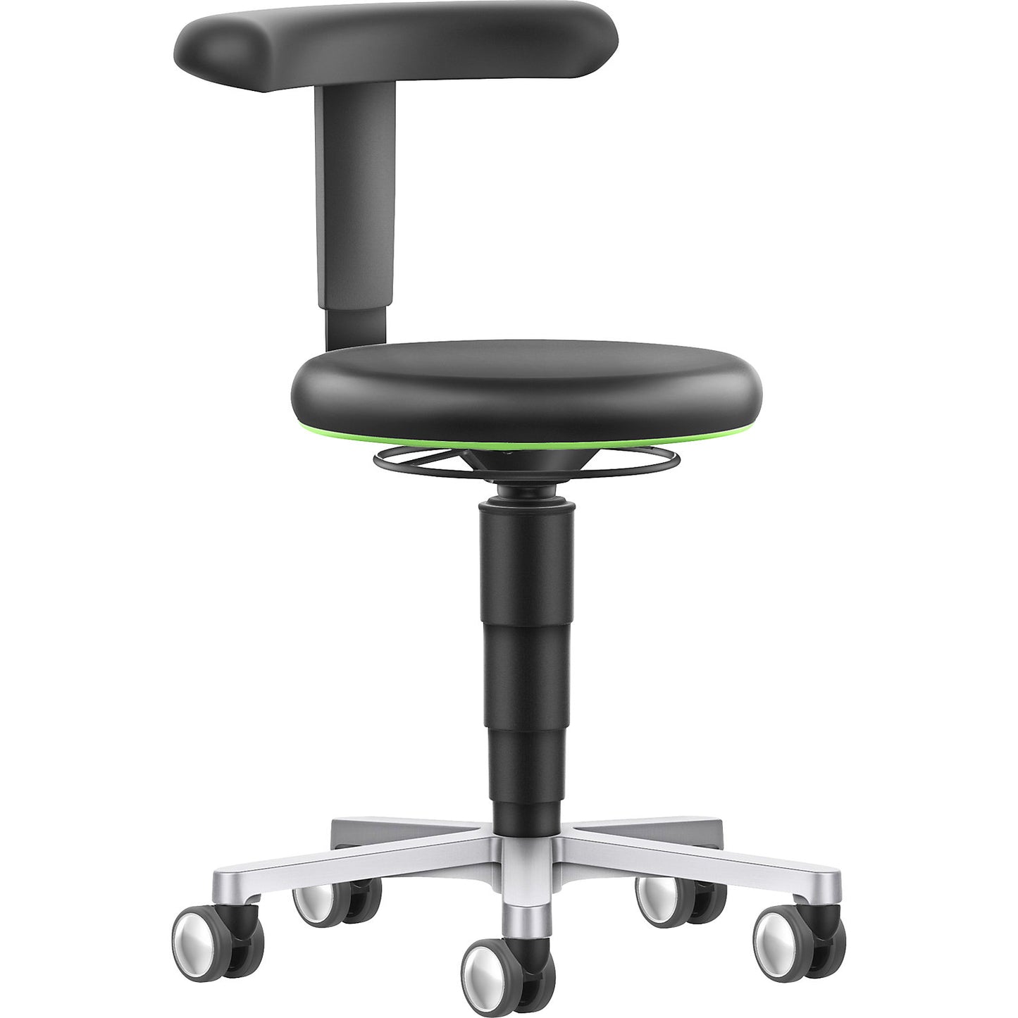 Dynamic laboratory chair with flex support, with castors, height adjustable, colour ring in green.