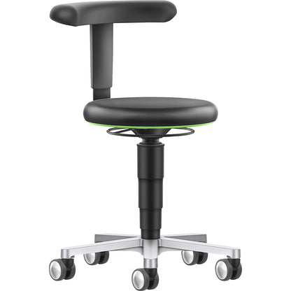 Dynamic laboratory chair with flex support, with castors, height adjustable, colour ring in green.
