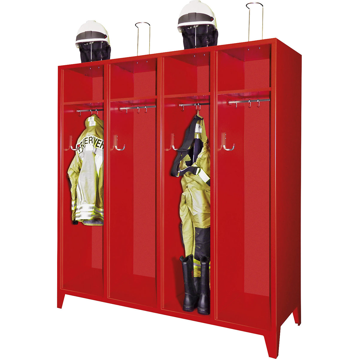 Fire brigade cupboard with feet, without door, 4 compartments, 8 lockers.