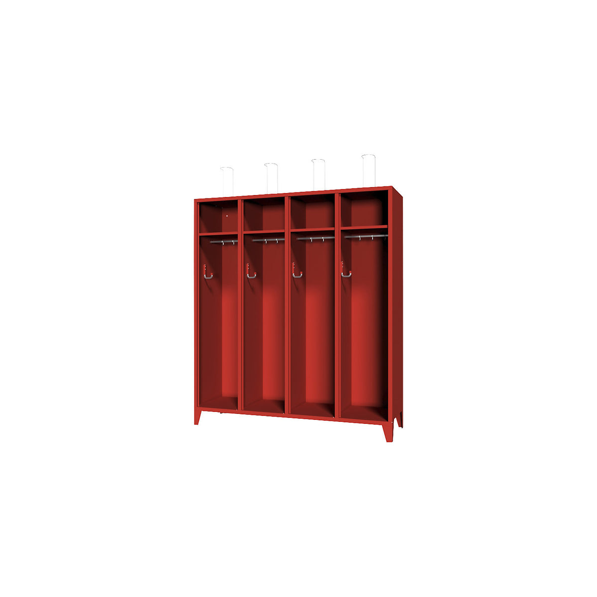 Fire brigade cupboard with feet, without door, 4 compartments, 8 lockers.