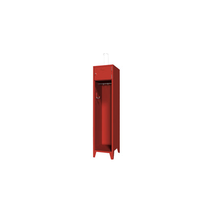 Fire brigade cupboard with feet, solid sheet metal door with label frame, 1 compartment, 2 lockers.