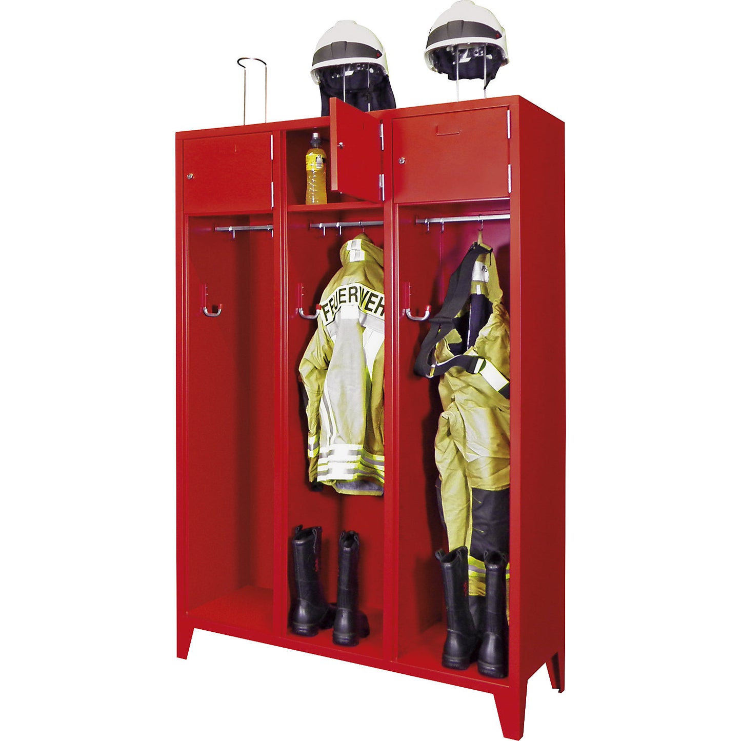 Fire brigade cupboard with feet, solid sheet metal door with label frame, 3 compartments, 6 lockers.