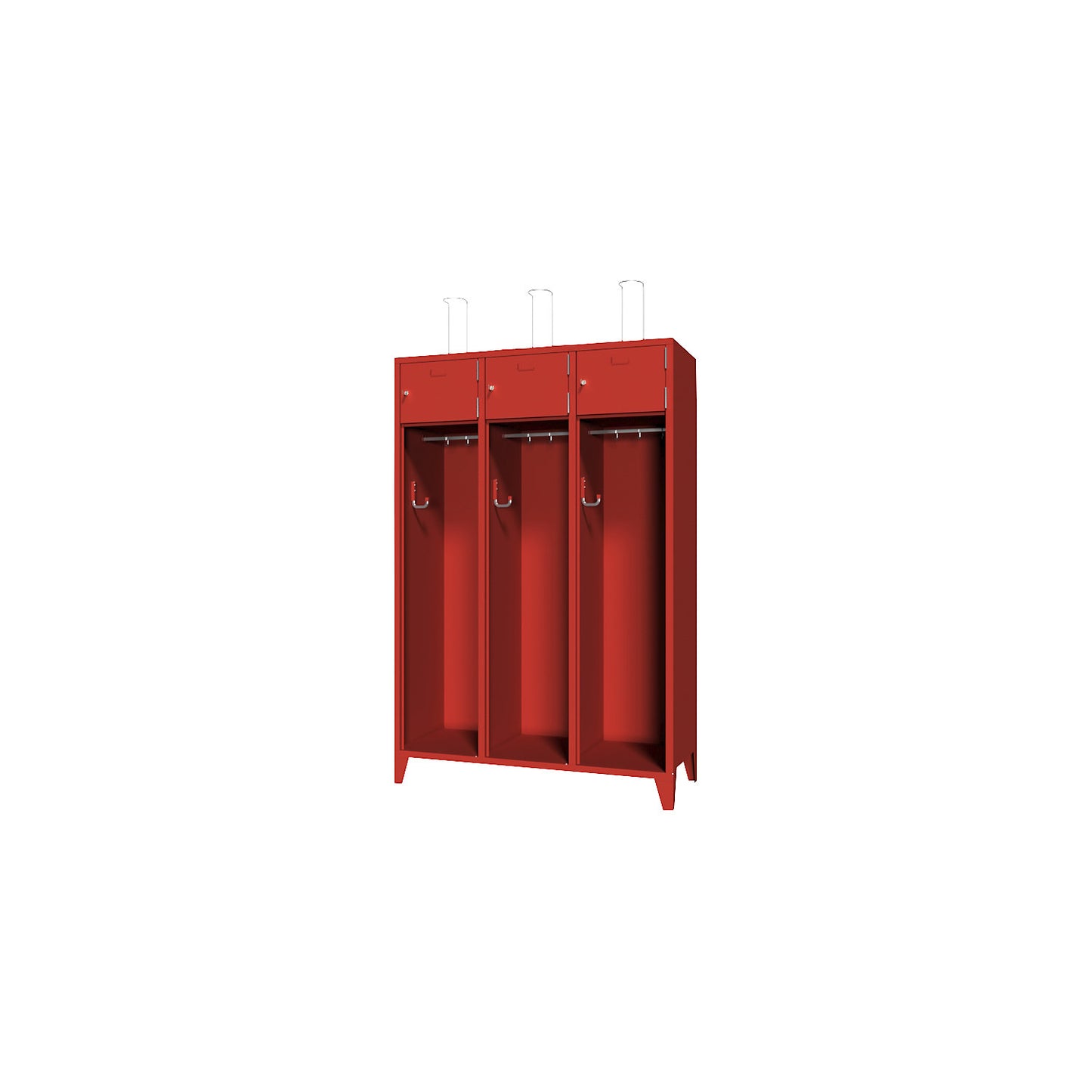 Fire brigade cupboard with feet, solid sheet metal door with label frame, 3 compartments, 6 lockers.