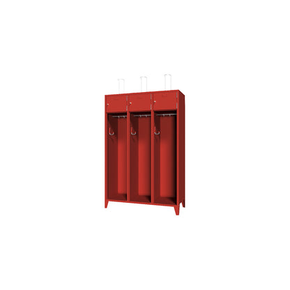 Fire brigade cupboard with feet, solid sheet metal door with label frame, 3 compartments, 6 lockers.