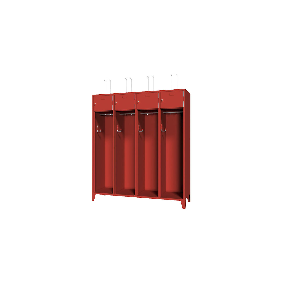 Fire brigade cupboard with feet, solid sheet metal door with label frame, 4 compartments, 8 lockers.