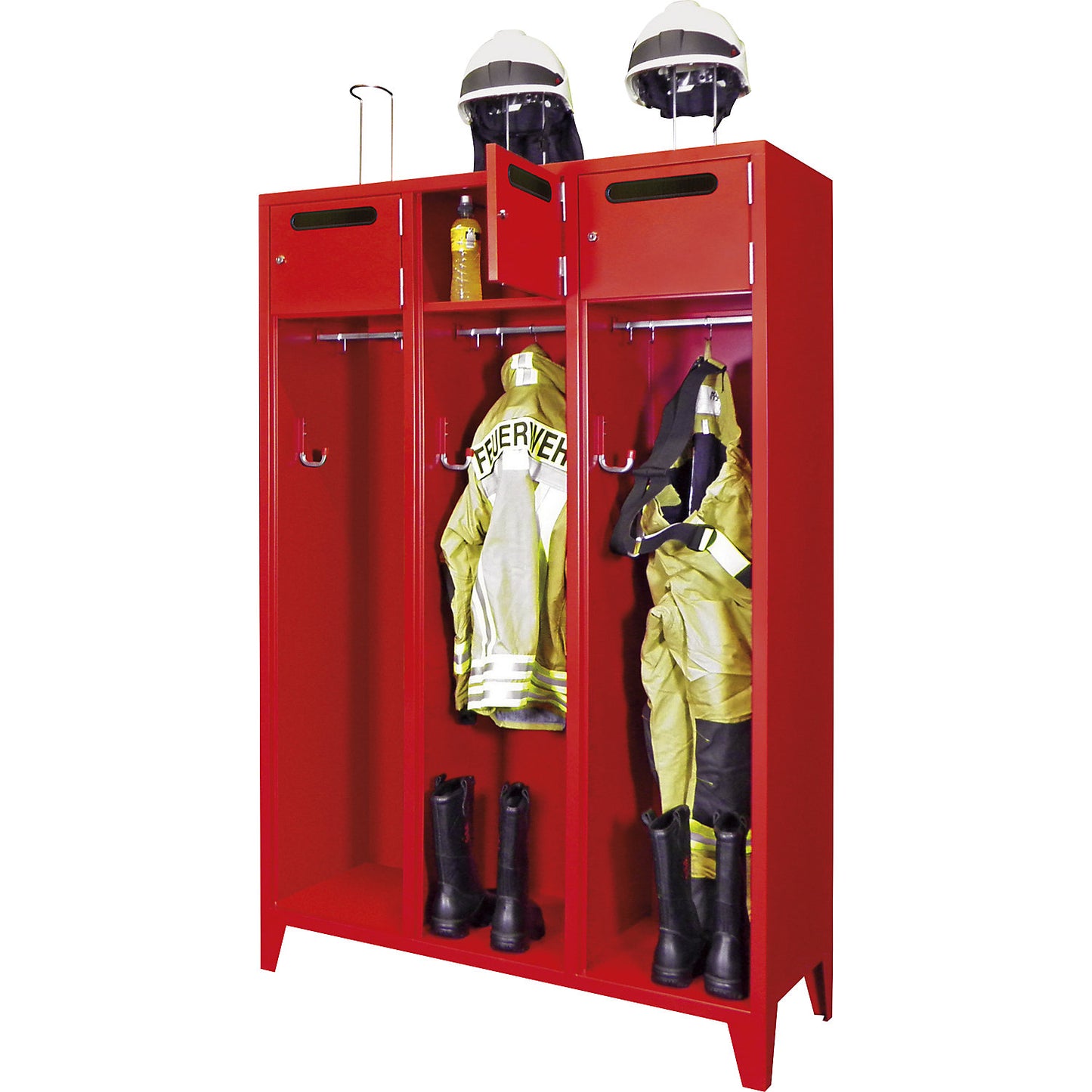 Fire brigade cupboard with feet, solid sheet metal door with deposit slot, 3 compartments, 6 lockers.