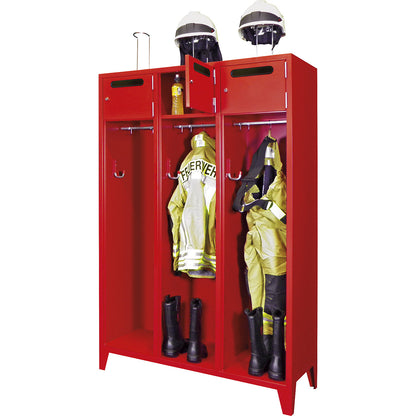 Fire brigade cupboard with feet, solid sheet metal door with deposit slot, 3 compartments, 6 lockers.