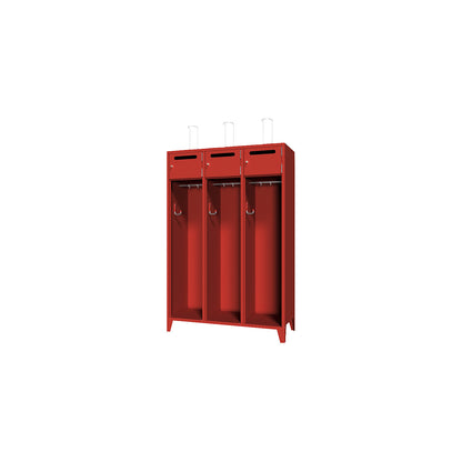 Fire brigade cupboard with feet, solid sheet metal door with deposit slot, 3 compartments, 6 lockers.