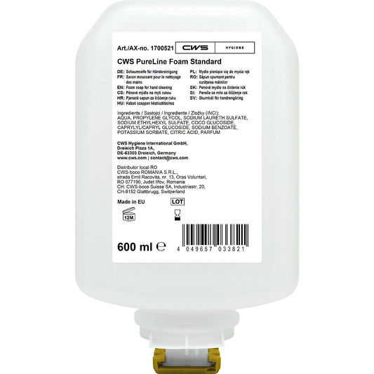 PureLine foaming soap, pack of 8 x 600 ml, transparent.