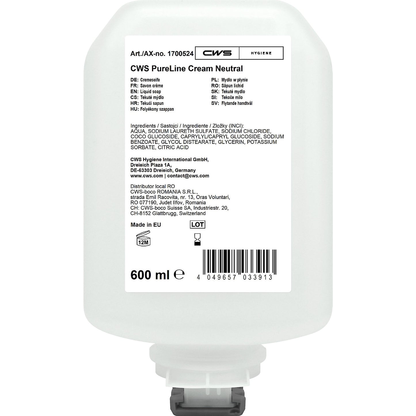 PureLine Cream liquid soap, pack of 8 x 600 ml, transparent.