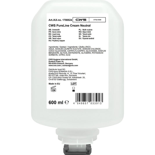 PureLine Cream liquid soap, pack of 8 x 600 ml, transparent.