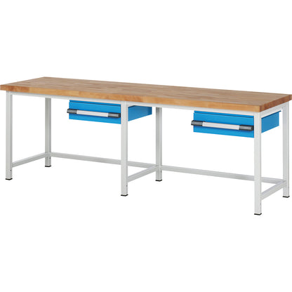 Workbench, Series 8000 frame construction, 2 drawers 150 mm, WxD 2500 x 700 mm.