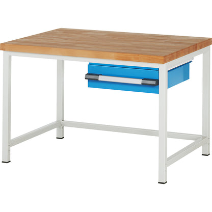 Workbench, Series 8000 frame construction, 1 drawer 150 mm, WxD 1250 x 900 mm.