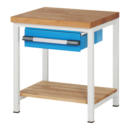 Workbench, Series 8000 frame construction, 1 drawer 150 mm, 1 shelf, WxD 750 x 700 mm.