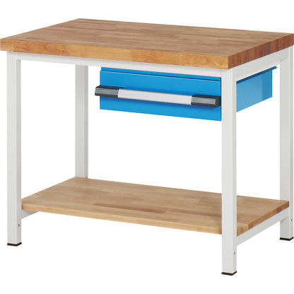 Workbench, Series 8000 frame construction, 1 drawer 150 mm, 1 shelf, WxD 1000 x 700 mm.