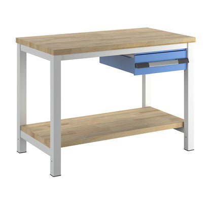 Workbench, Series 8000 frame construction, 1 drawer 150 mm, 1 shelf, WxD 1250 x 700 mm.