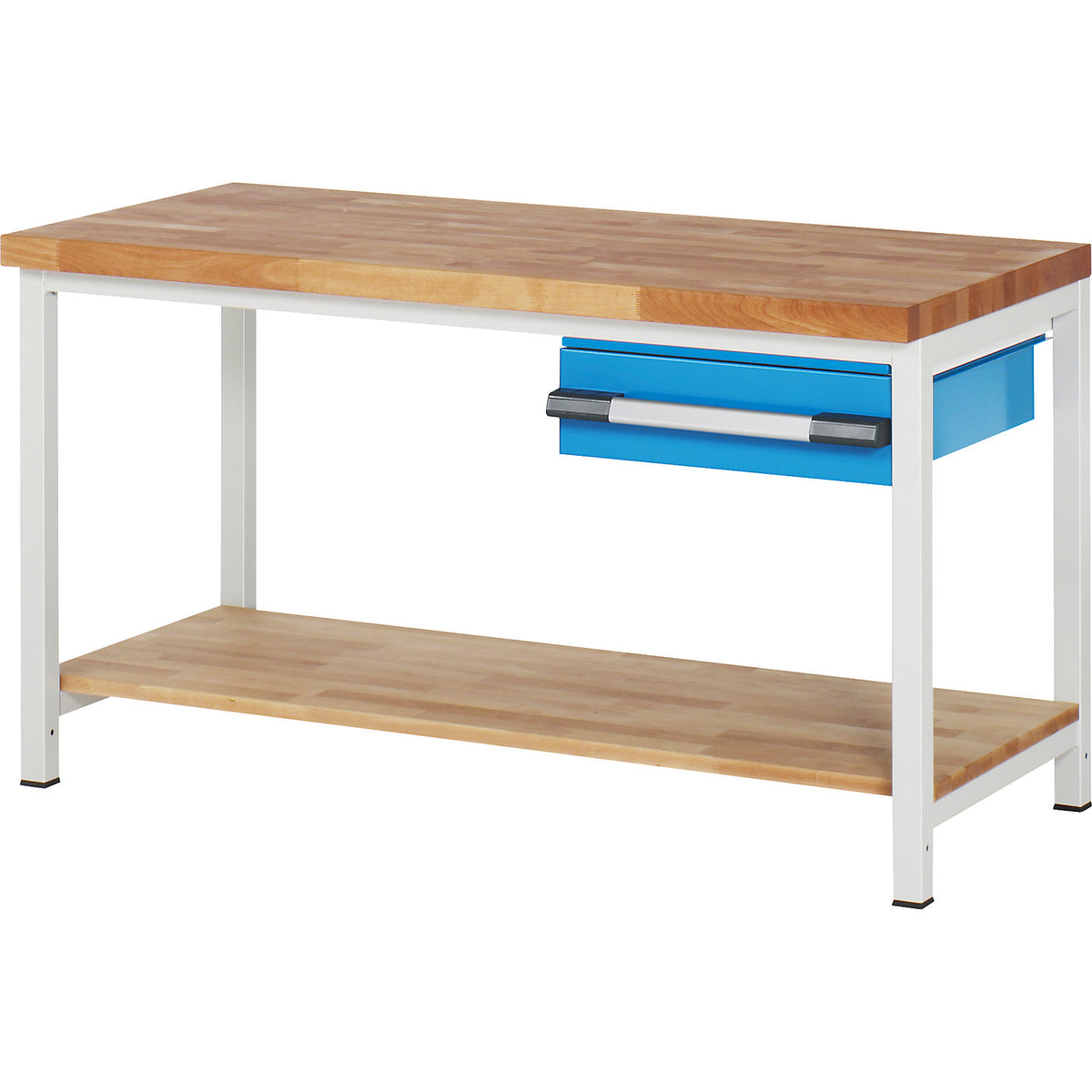 Workbench, Series 8000 frame construction, 1 drawer 150 mm, 1 shelf, WxD 1500 x 700 mm.