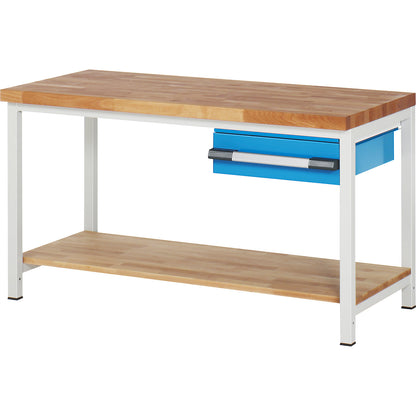 Workbench, Series 8000 frame construction, 1 drawer 150 mm, 1 shelf, WxD 1500 x 700 mm.