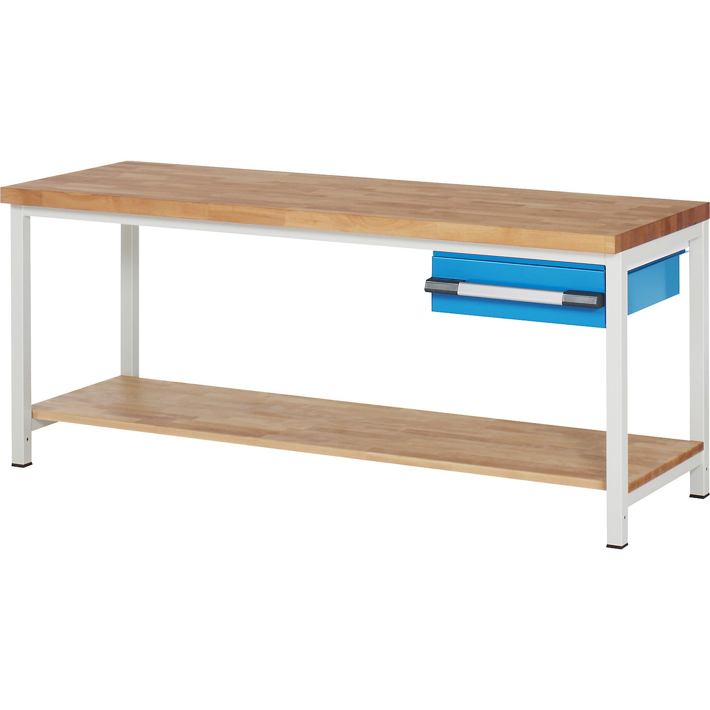 Workbench, Series 8000 frame construction, 1 drawer 150 mm, 1 shelf, WxD 2000 x 700 mm.