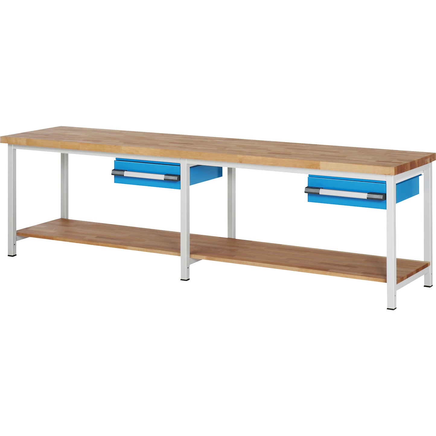 Workbench, Series 8000 frame construction, 2 drawers 150 mm, 2 shelves, WxD 3000 x 700 mm.