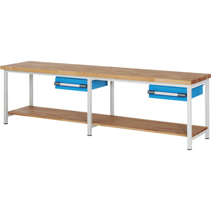Workbench, Series 8000 frame construction, 2 drawers 150 mm, 2 shelves, WxD 3000 x 700 mm.