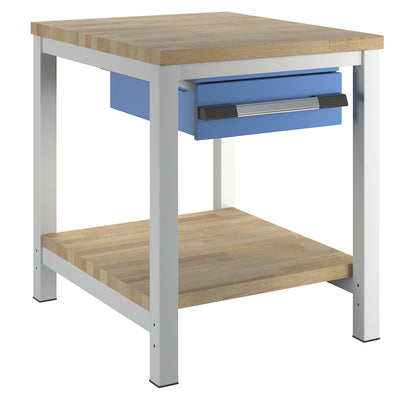 Workbench, Series 8000 frame construction, 1 drawer 150 mm, 1 shelf, WxD 750 x 900 mm.