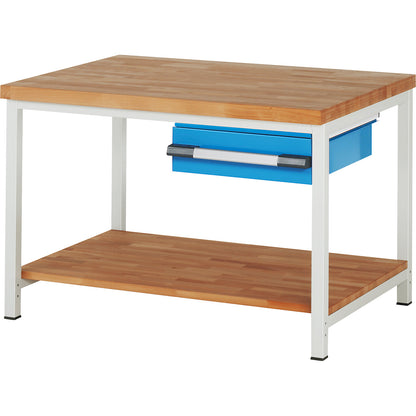 Workbench, Series 8000 frame construction, 1 drawer 150 mm, 1 shelf, WxD 1250 x 900 mm.