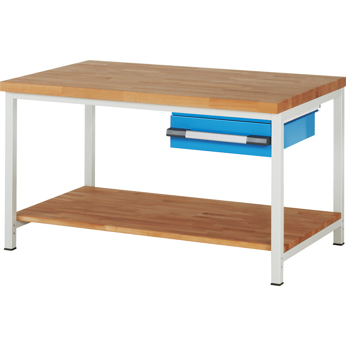 Workbench, Series 8000 frame construction, 1 drawer 150 mm, 1 shelf, WxD 1500 x 900 mm.