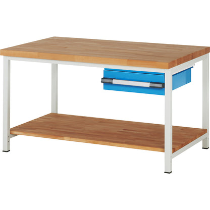 Workbench, Series 8000 frame construction, 1 drawer 150 mm, 1 shelf, WxD 1500 x 900 mm.